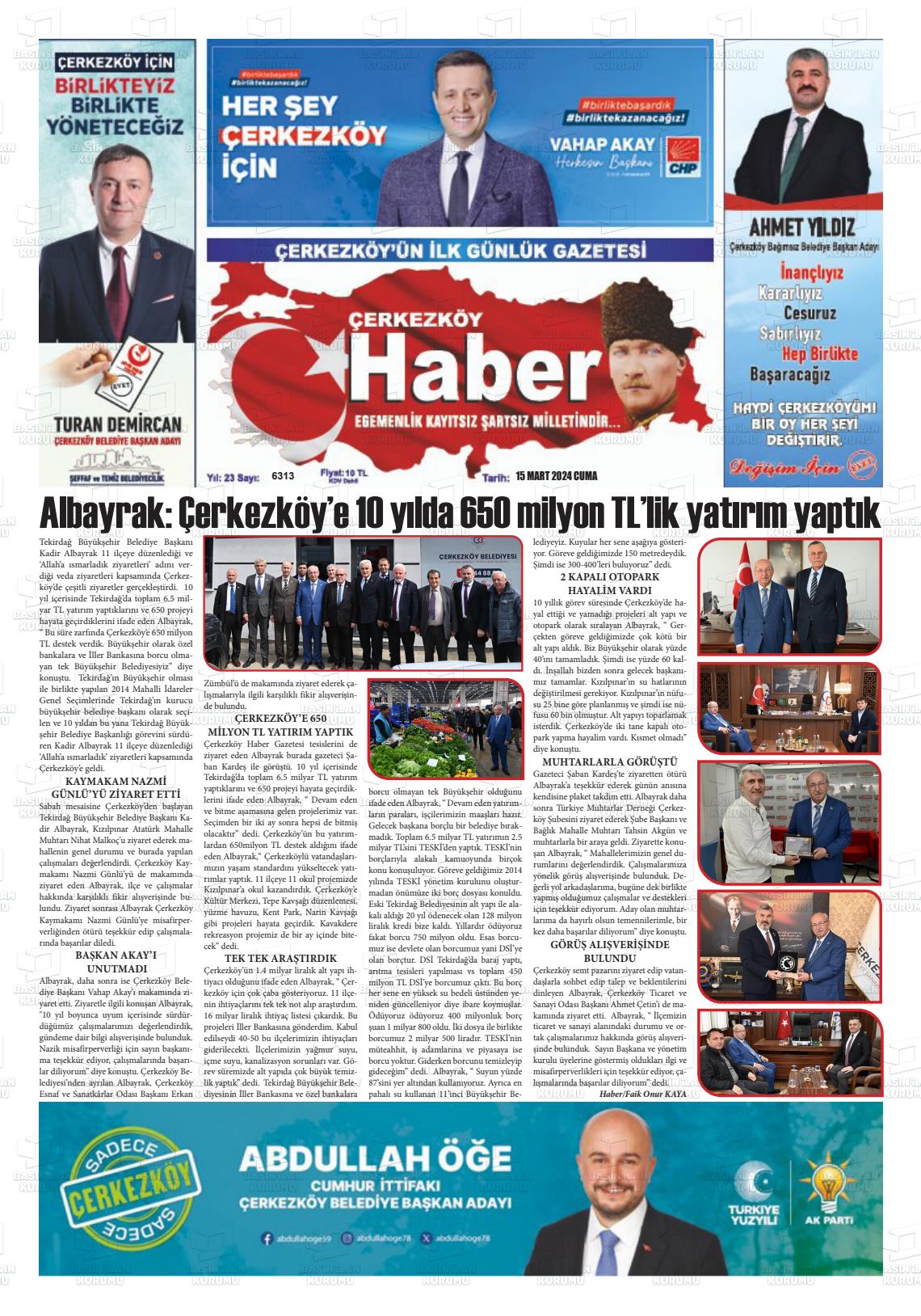 15 Mart 2024 Çerkezköy Haber Gazete Manşeti