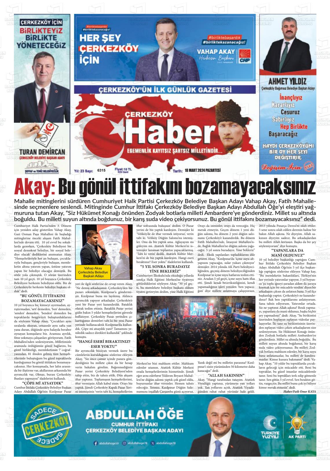 18 Mart 2024 Çerkezköy Haber Gazete Manşeti