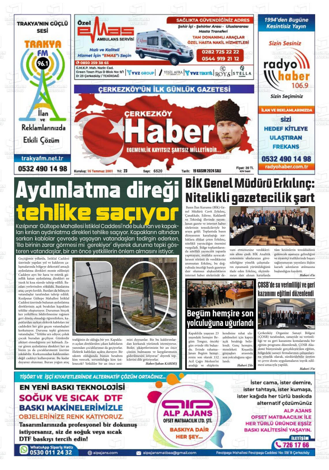 19 Kasım 2024 Çerkezköy Haber Gazete Manşeti