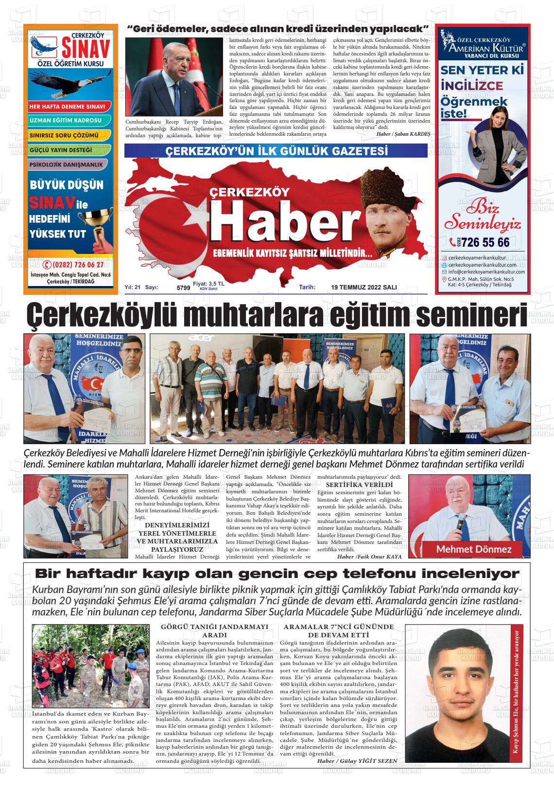 19 Temmuz 2022 Çerkezköy Haber Gazete Manşeti