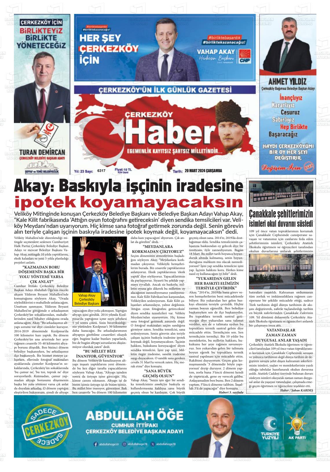 20 Mart 2024 Çerkezköy Haber Gazete Manşeti