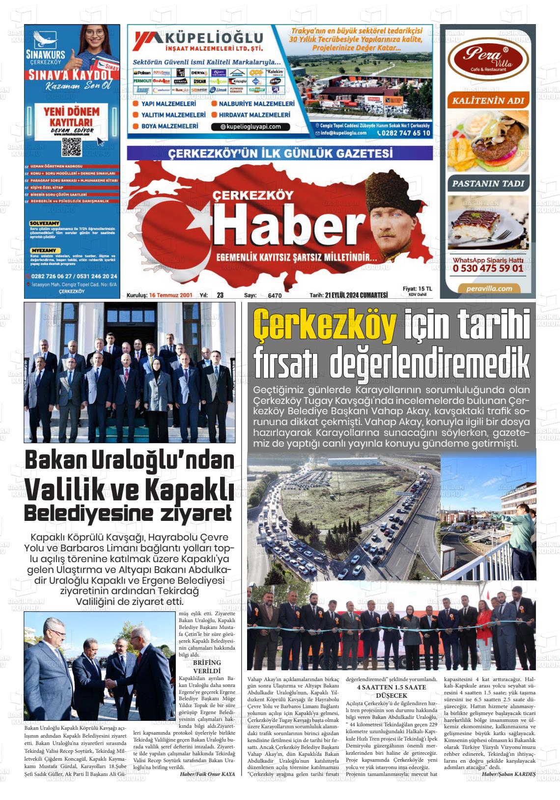 21 Eylül 2024 Çerkezköy Haber Gazete Manşeti