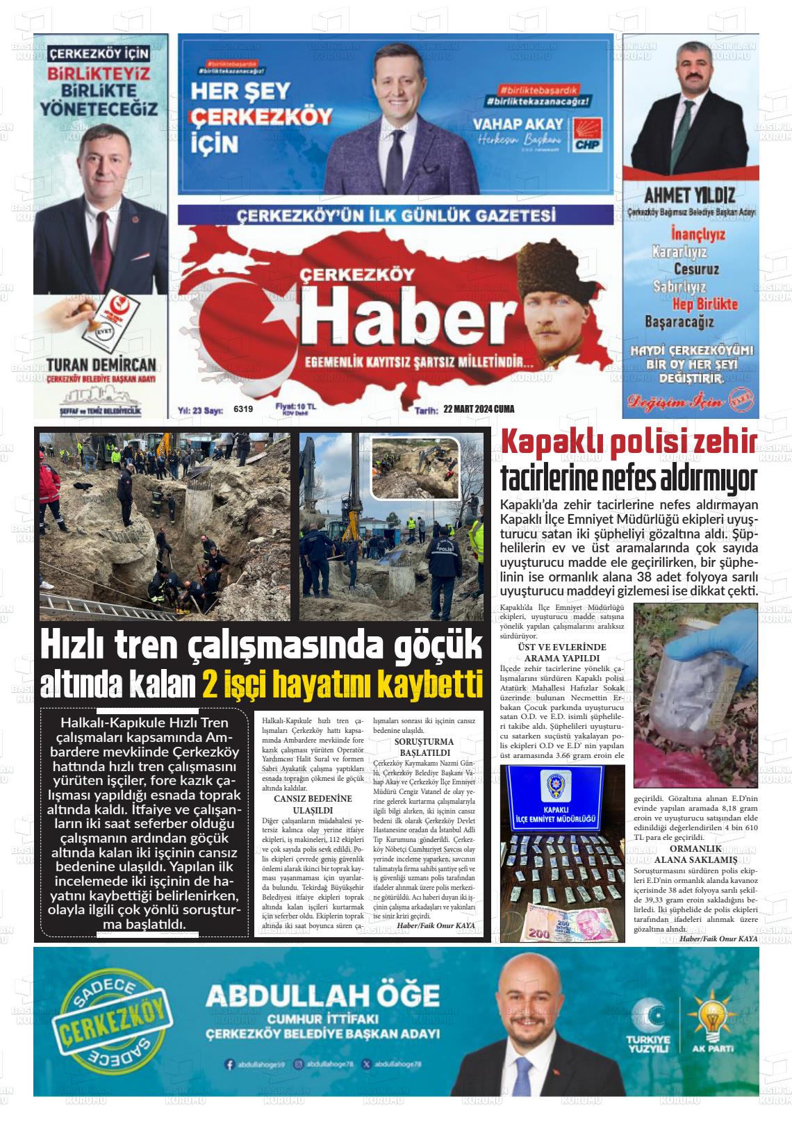 22 Mart 2024 Çerkezköy Haber Gazete Manşeti