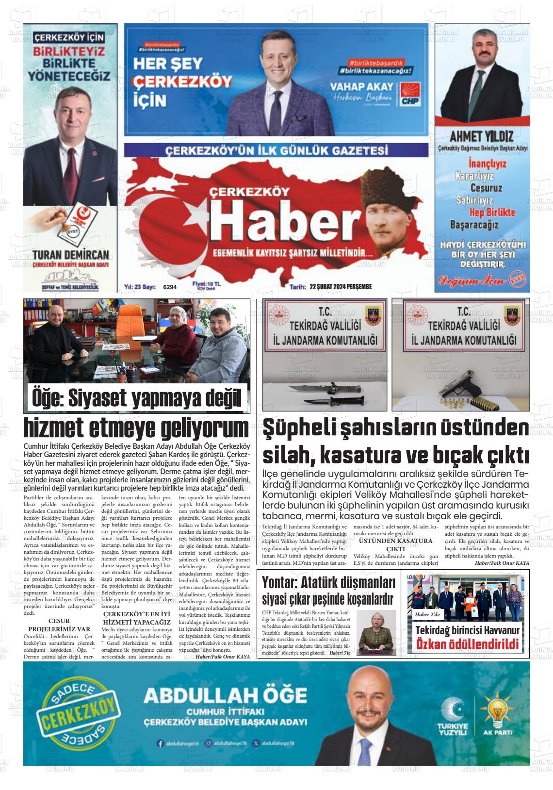 22 Şubat 2024 Çerkezköy Haber Gazete Manşeti