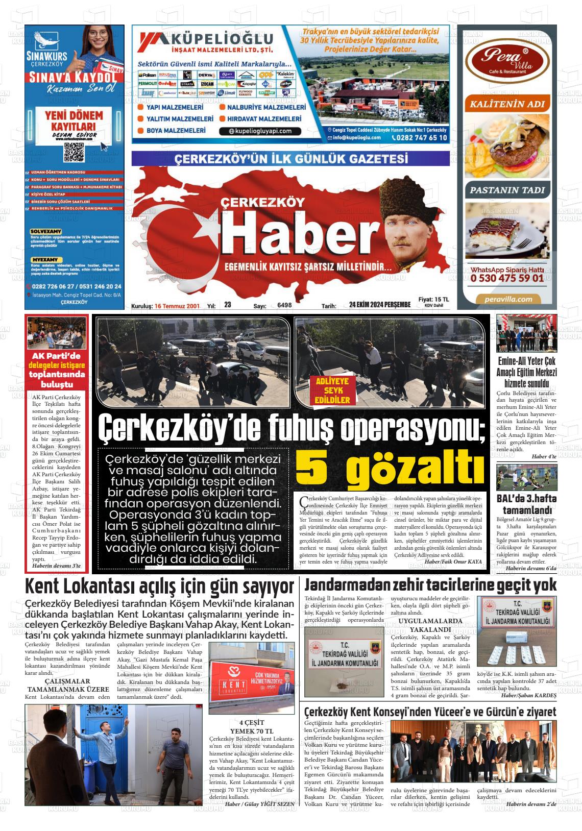 24 Ekim 2024 Çerkezköy Haber Gazete Manşeti