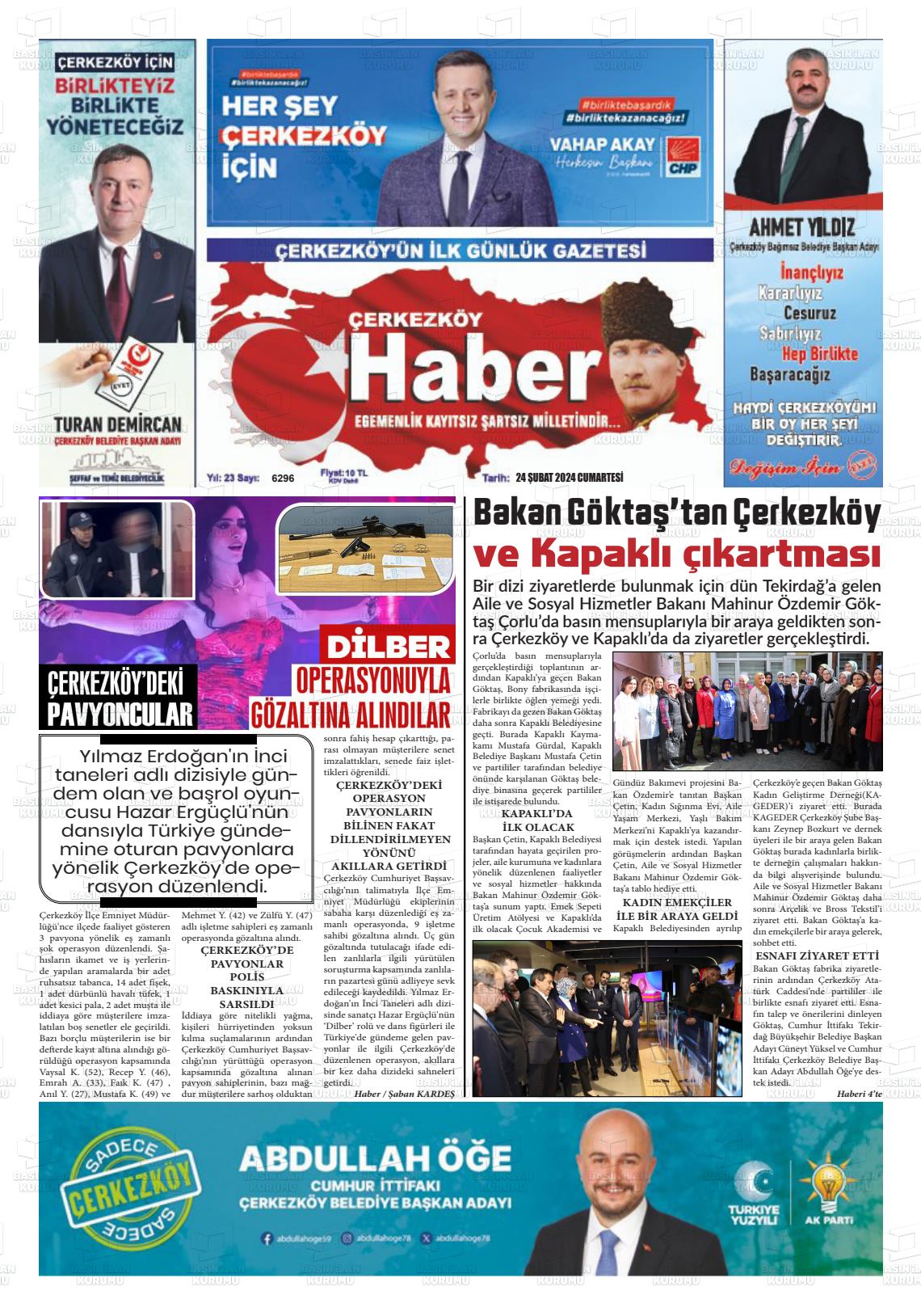 24 Şubat 2024 Çerkezköy Haber Gazete Manşeti