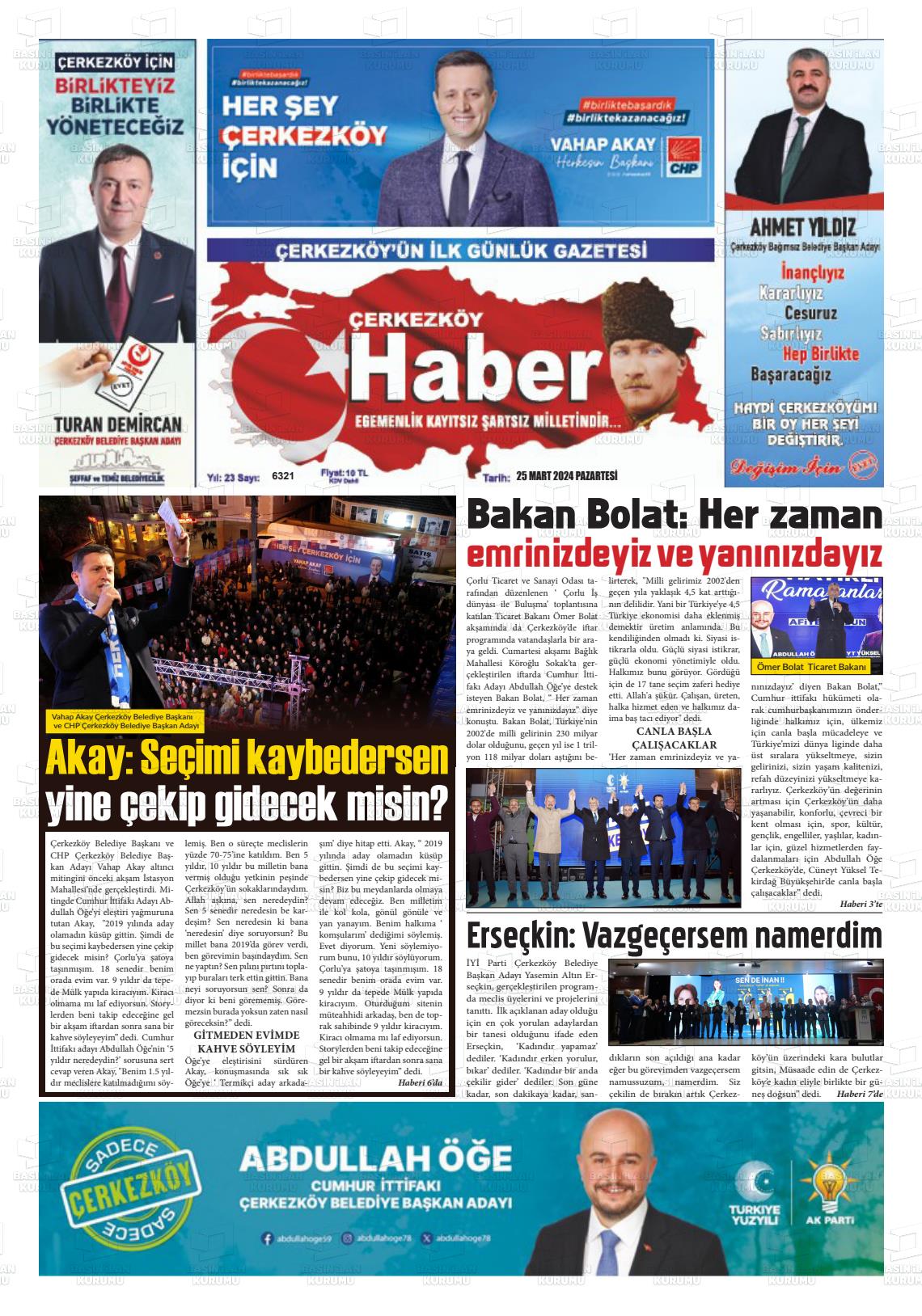 25 Mart 2024 Çerkezköy Haber Gazete Manşeti