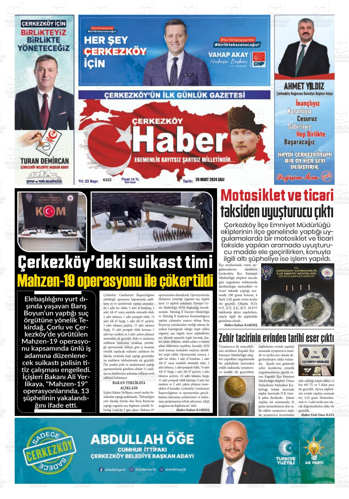 26 Mart 2024 Çerkezköy Haber Gazete Manşeti