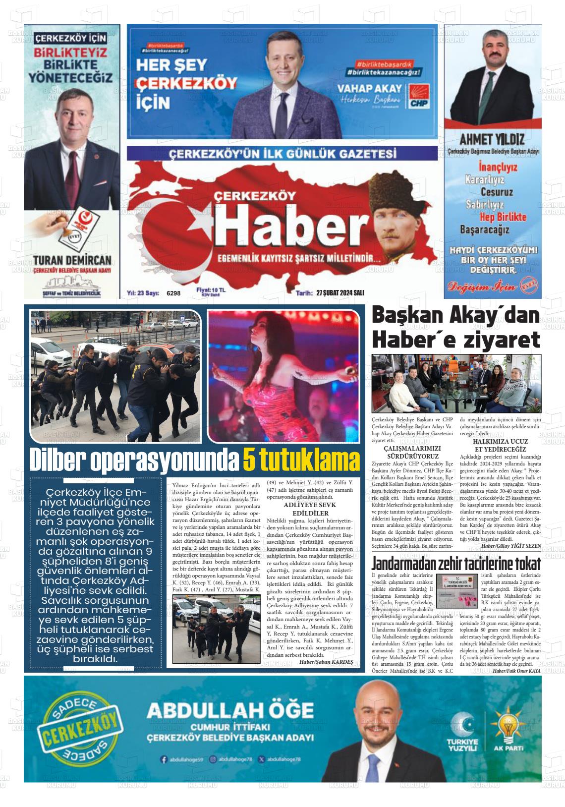 27 Şubat 2024 Çerkezköy Haber Gazete Manşeti