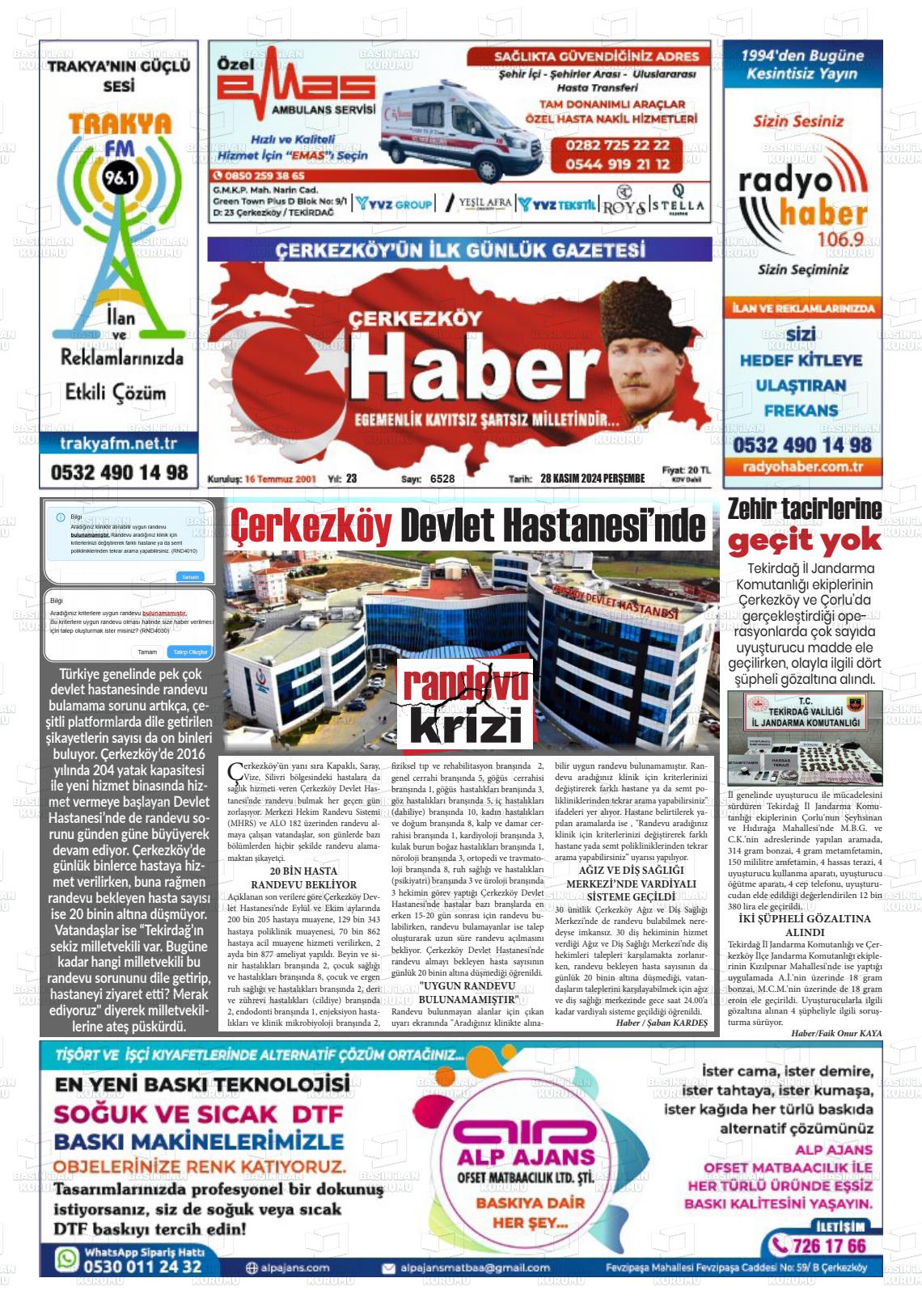 02 Aralık 2024 Çerkezköy Haber Gazete Manşeti