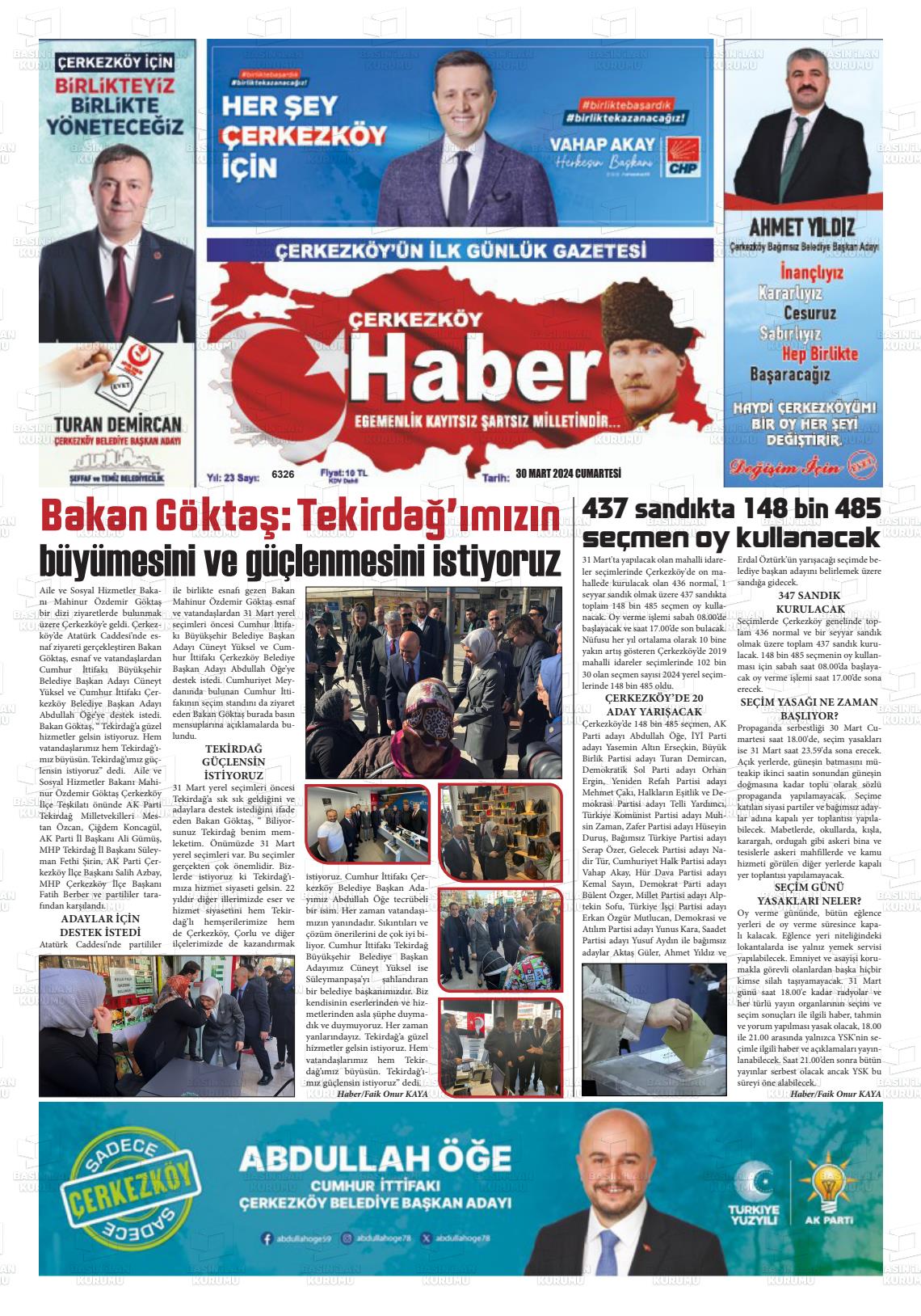 30 Mart 2024 Çerkezköy Haber Gazete Manşeti