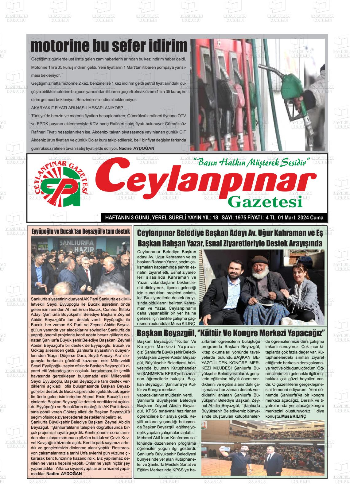 01 Mart 2024 Ceylanpınar Gazete Manşeti