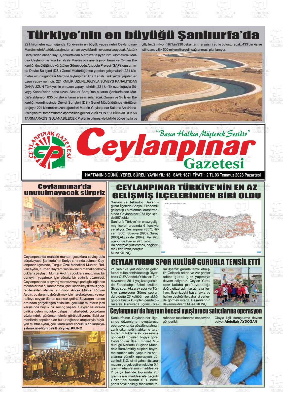 03 Temmuz 2023 Ceylanpınar Gazete Manşeti