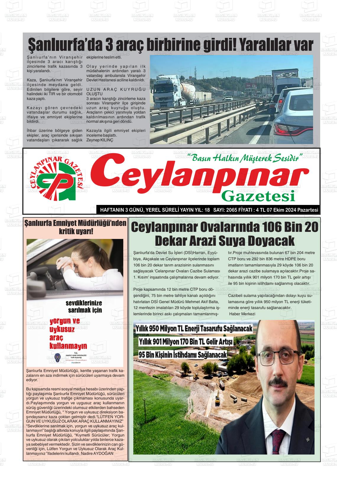 07 Ekim 2024 Ceylanpınar Gazete Manşeti