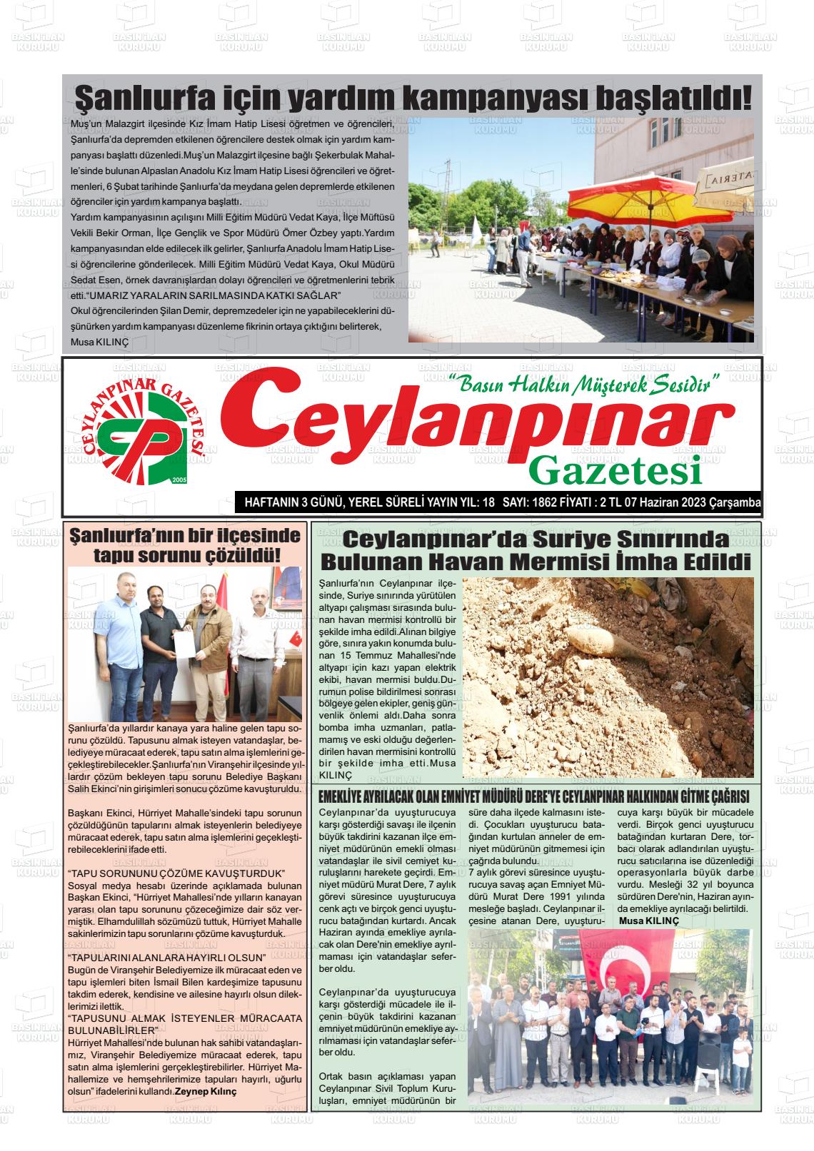 07 Haziran 2023 Ceylanpınar Gazete Manşeti