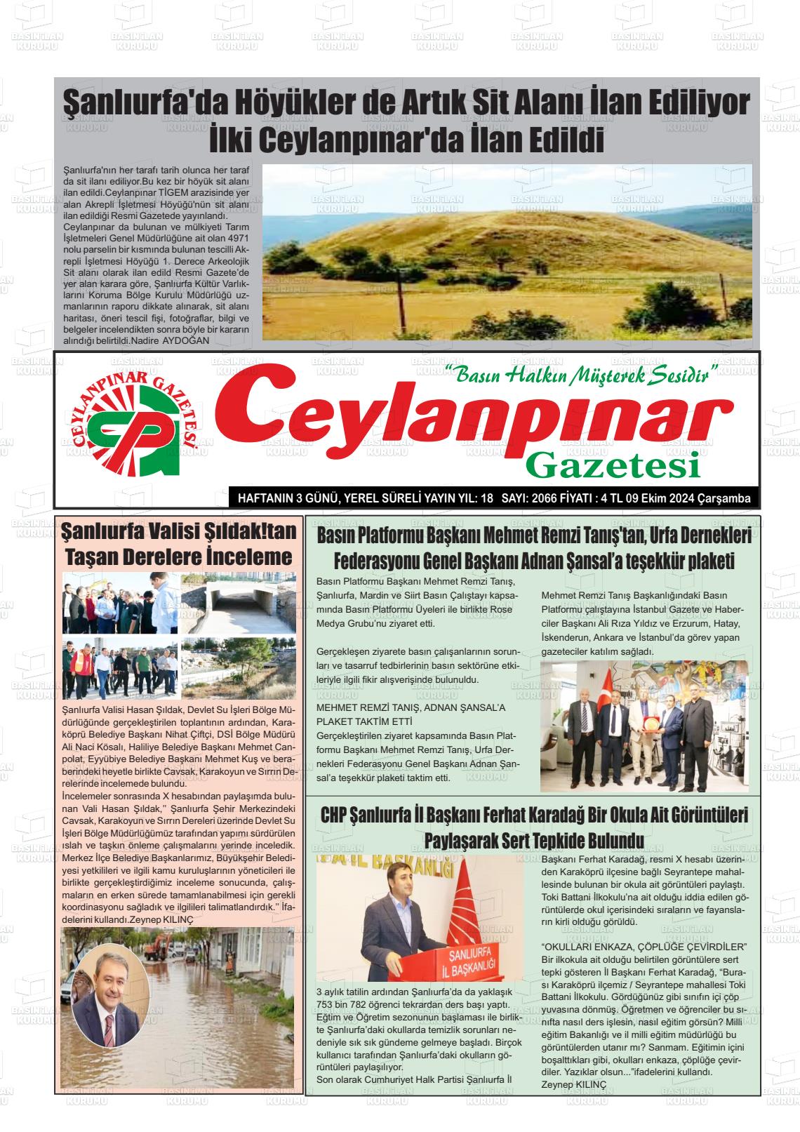 09 Ekim 2024 Ceylanpınar Gazete Manşeti