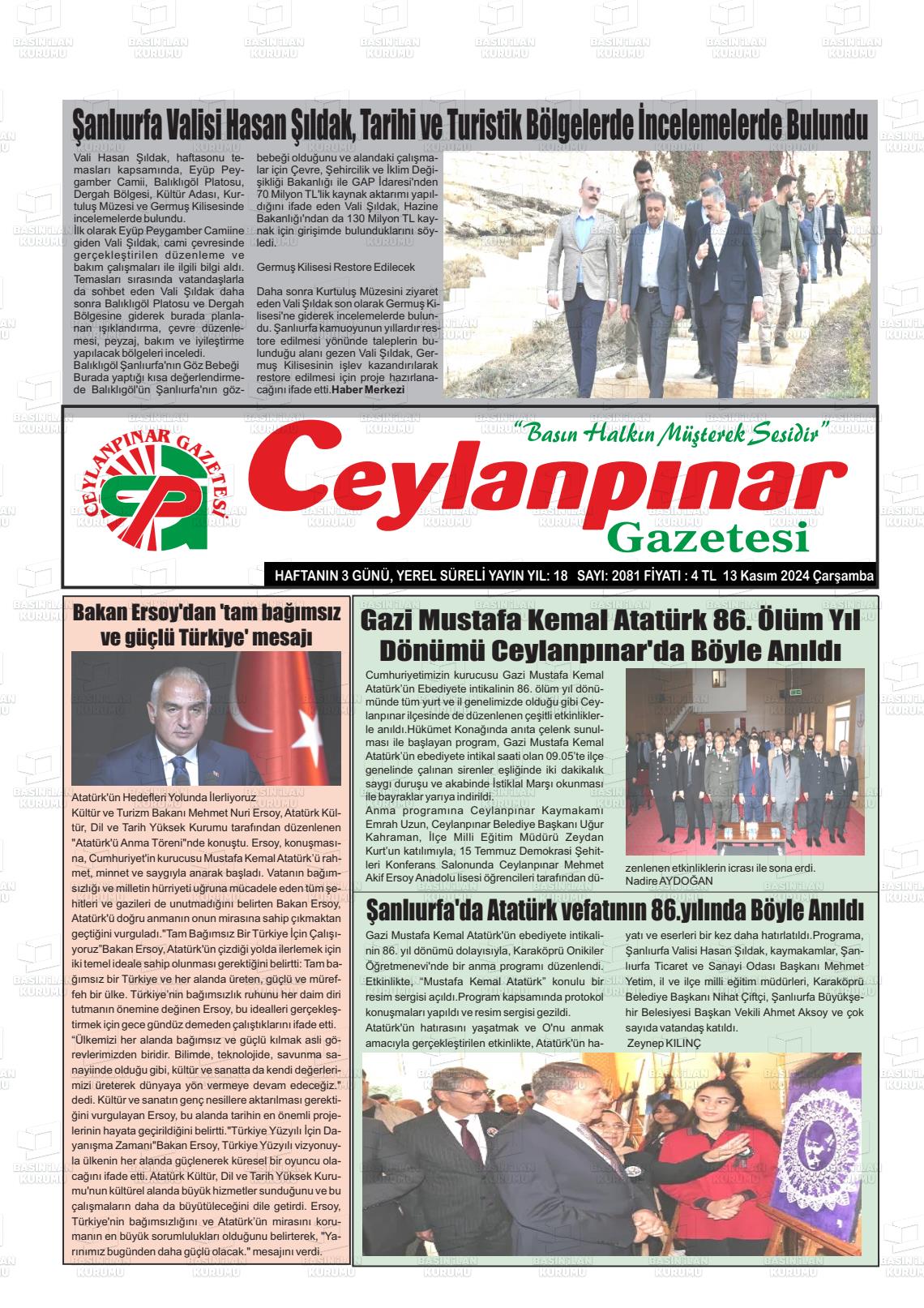 13 Kasım 2024 Ceylanpınar Gazete Manşeti