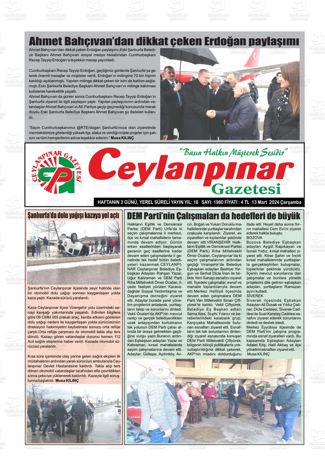 13 Mart 2024 Ceylanpınar Gazete Manşeti