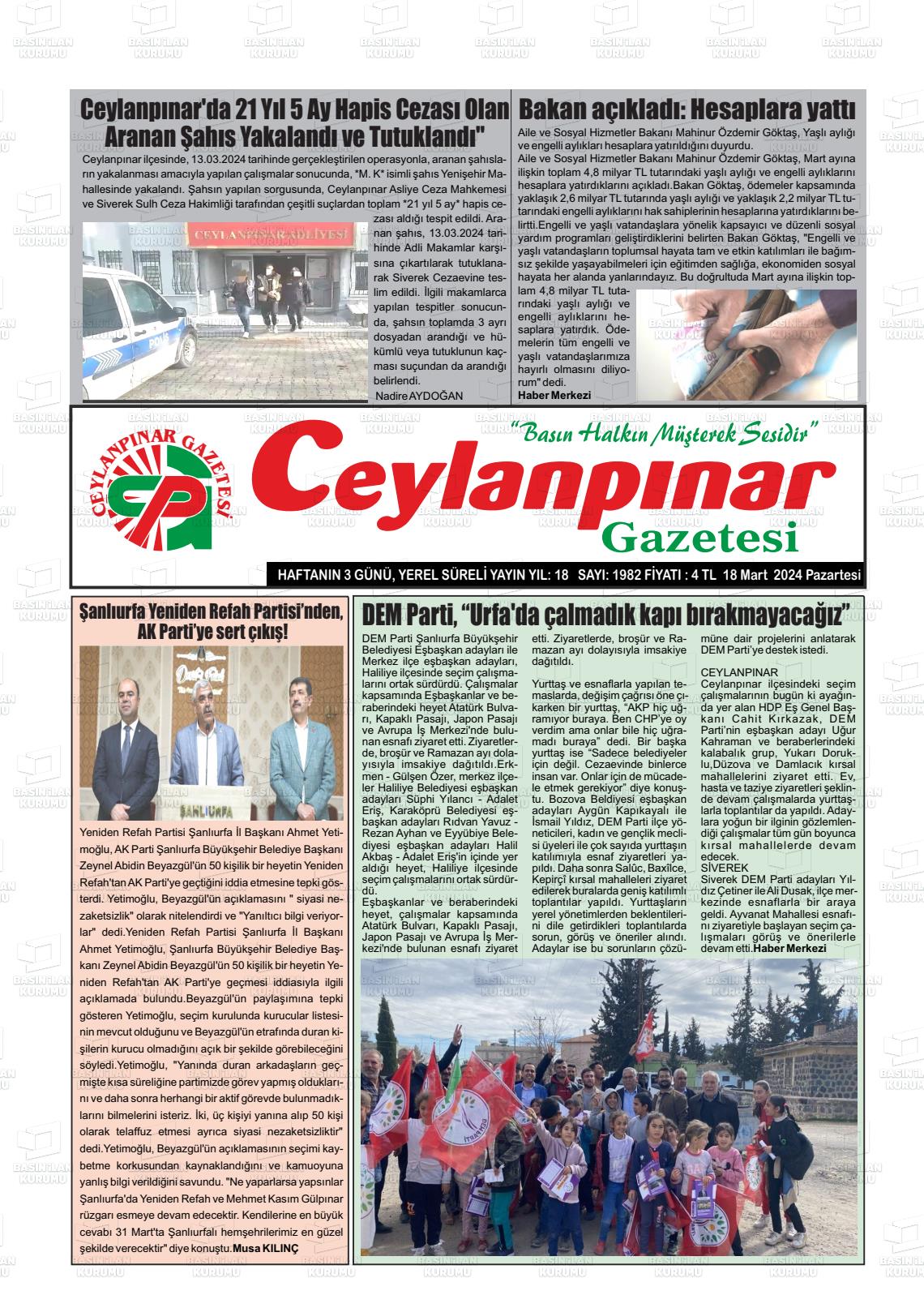 18 Mart 2024 Ceylanpınar Gazete Manşeti