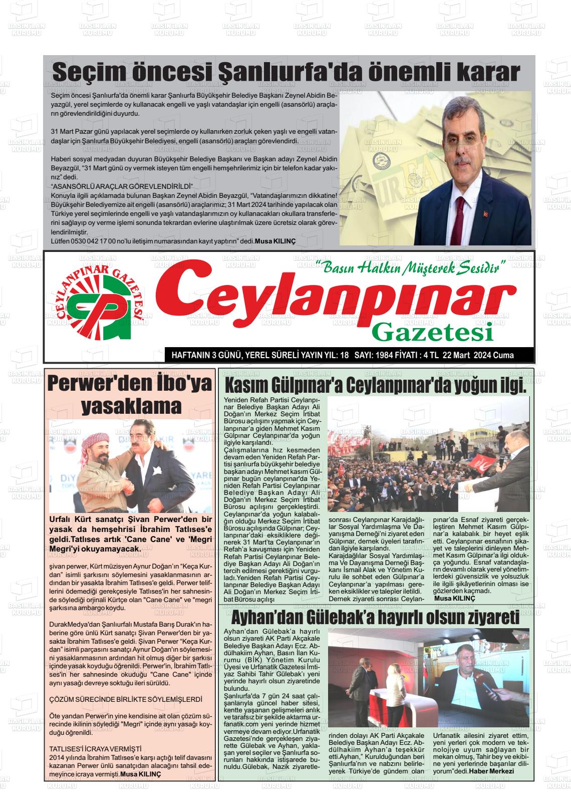 22 Mart 2024 Ceylanpınar Gazete Manşeti