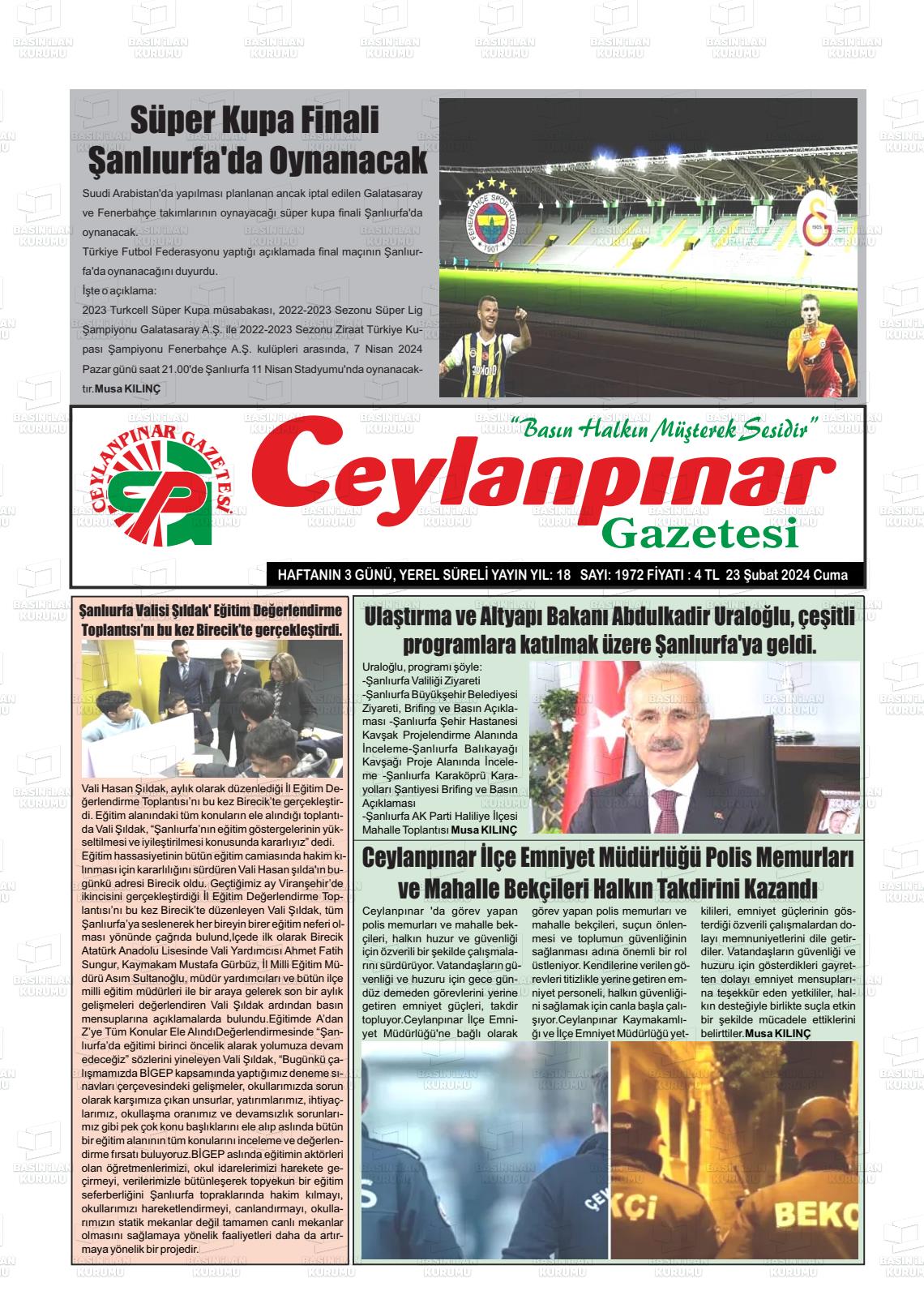 23 Şubat 2024 Ceylanpınar Gazete Manşeti