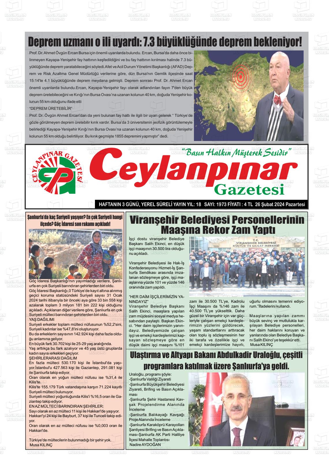 26 Şubat 2024 Ceylanpınar Gazete Manşeti