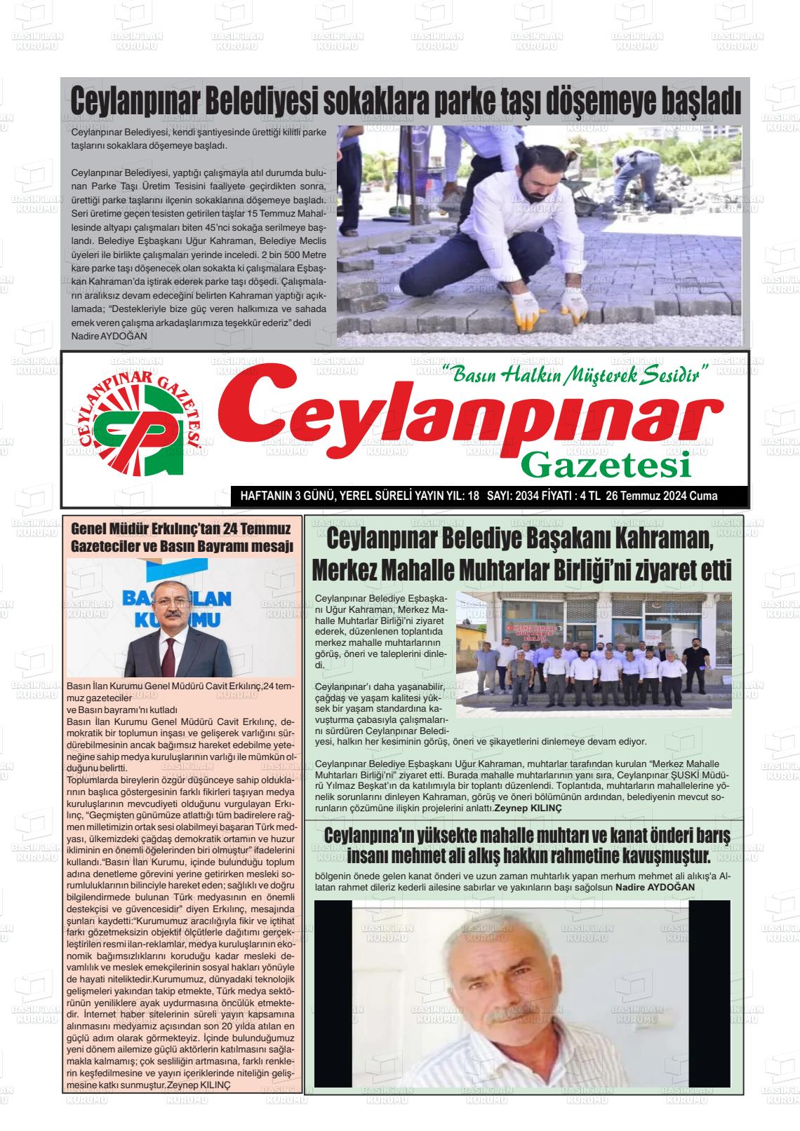27 Temmuz 2024 Ceylanpınar Gazete Manşeti