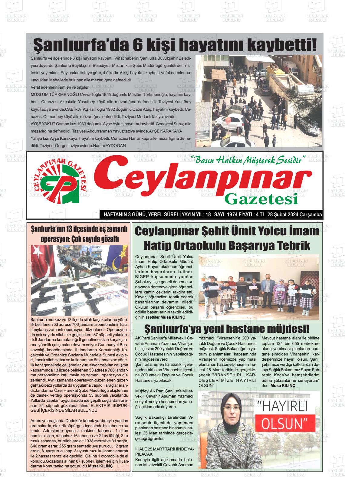 28 Şubat 2024 Ceylanpınar Gazete Manşeti