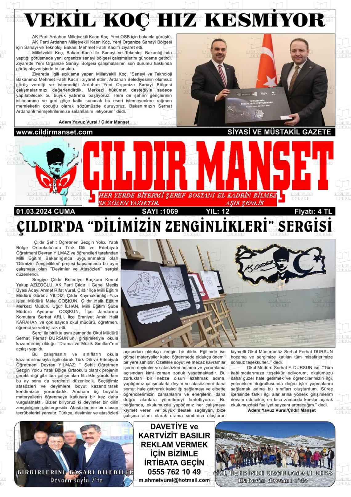 01 Mart 2024 Çıldır Manşet Gazete Manşeti