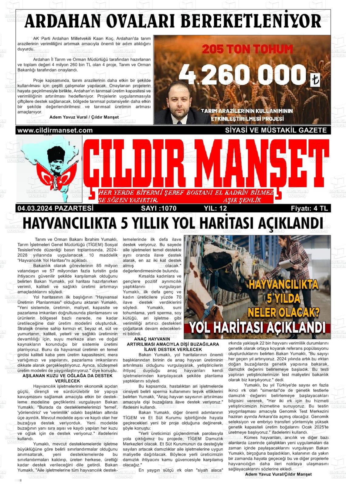 04 Mart 2024 Çıldır Manşet Gazete Manşeti