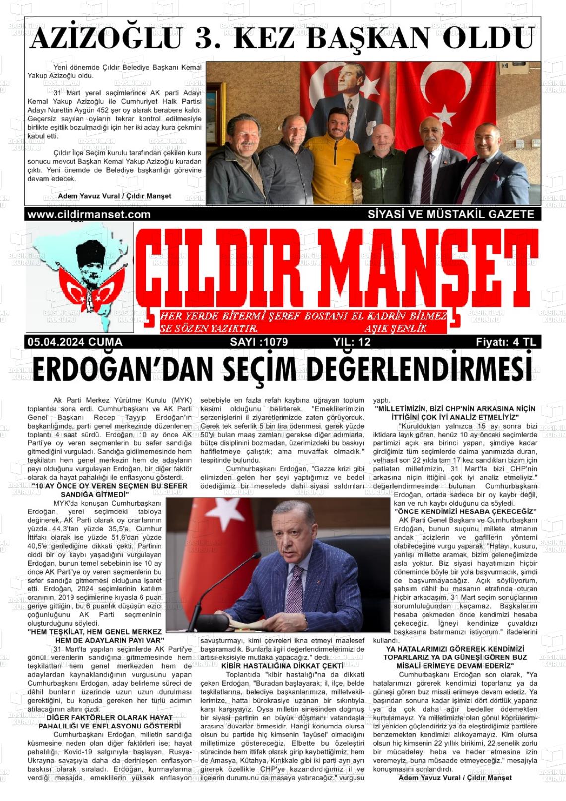 05 Nisan 2024 Çıldır Manşet Gazete Manşeti