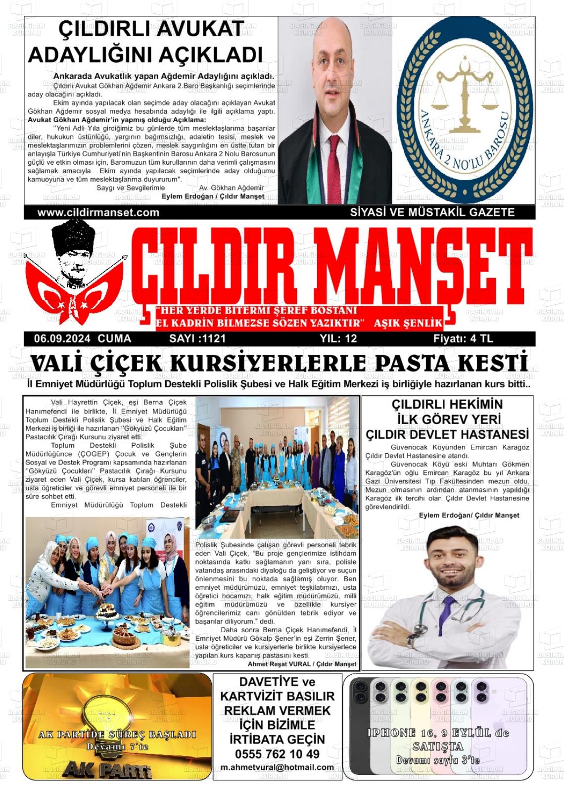 06 Eylül 2024 Çıldır Manşet Gazete Manşeti