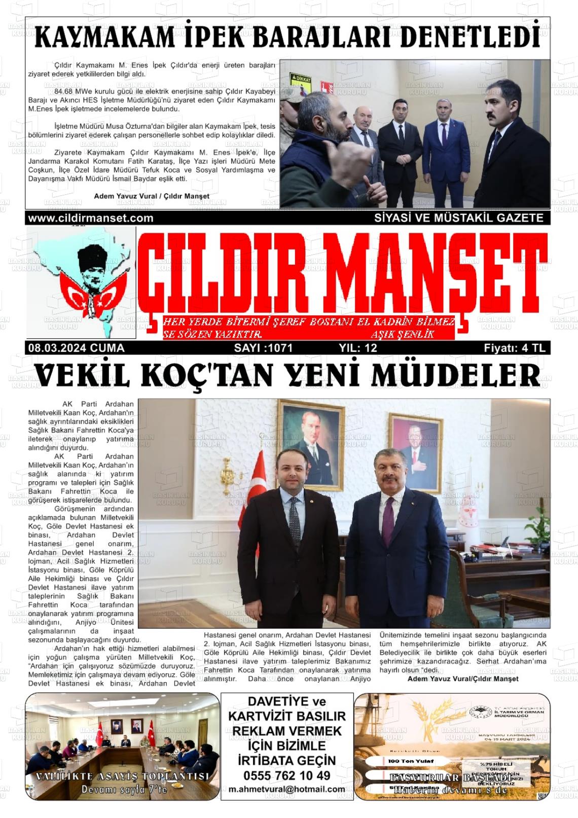 08 Mart 2024 Çıldır Manşet Gazete Manşeti