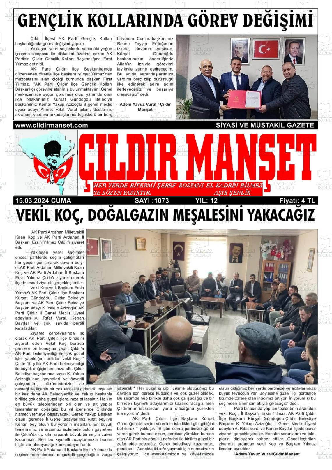 15 Mart 2024 Çıldır Manşet Gazete Manşeti