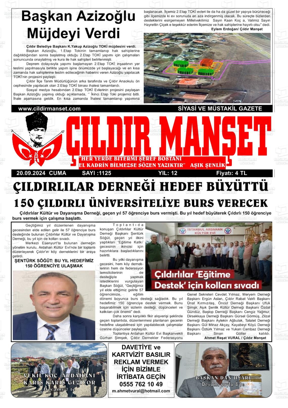 20 Eylül 2024 Çıldır Manşet Gazete Manşeti