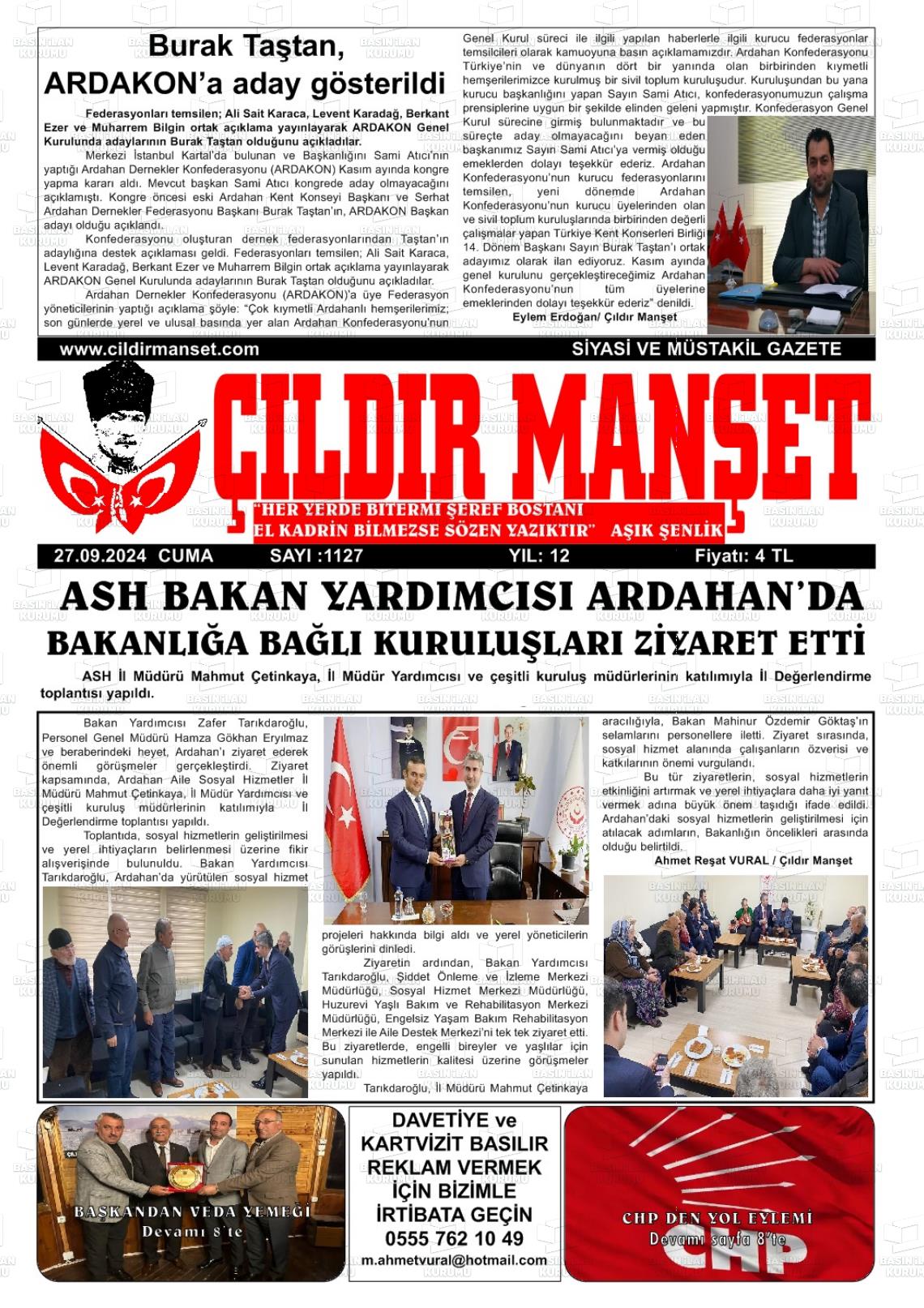 27 Eylül 2024 Çıldır Manşet Gazete Manşeti