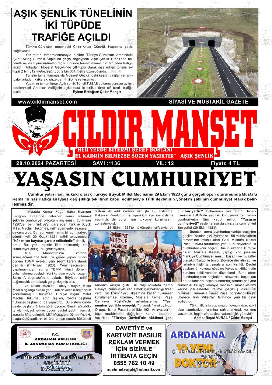 28 Ekim 2024 Çıldır Manşet Gazete Manşeti