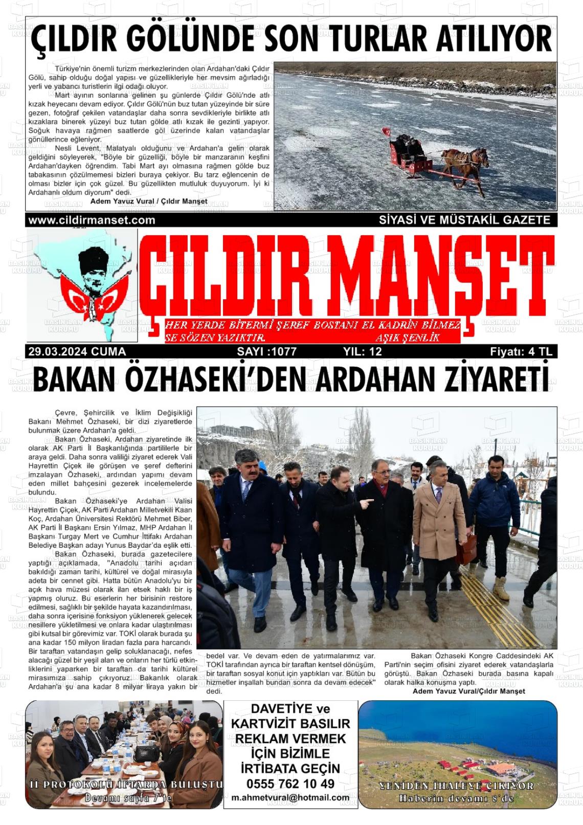 29 Mart 2024 Çıldır Manşet Gazete Manşeti