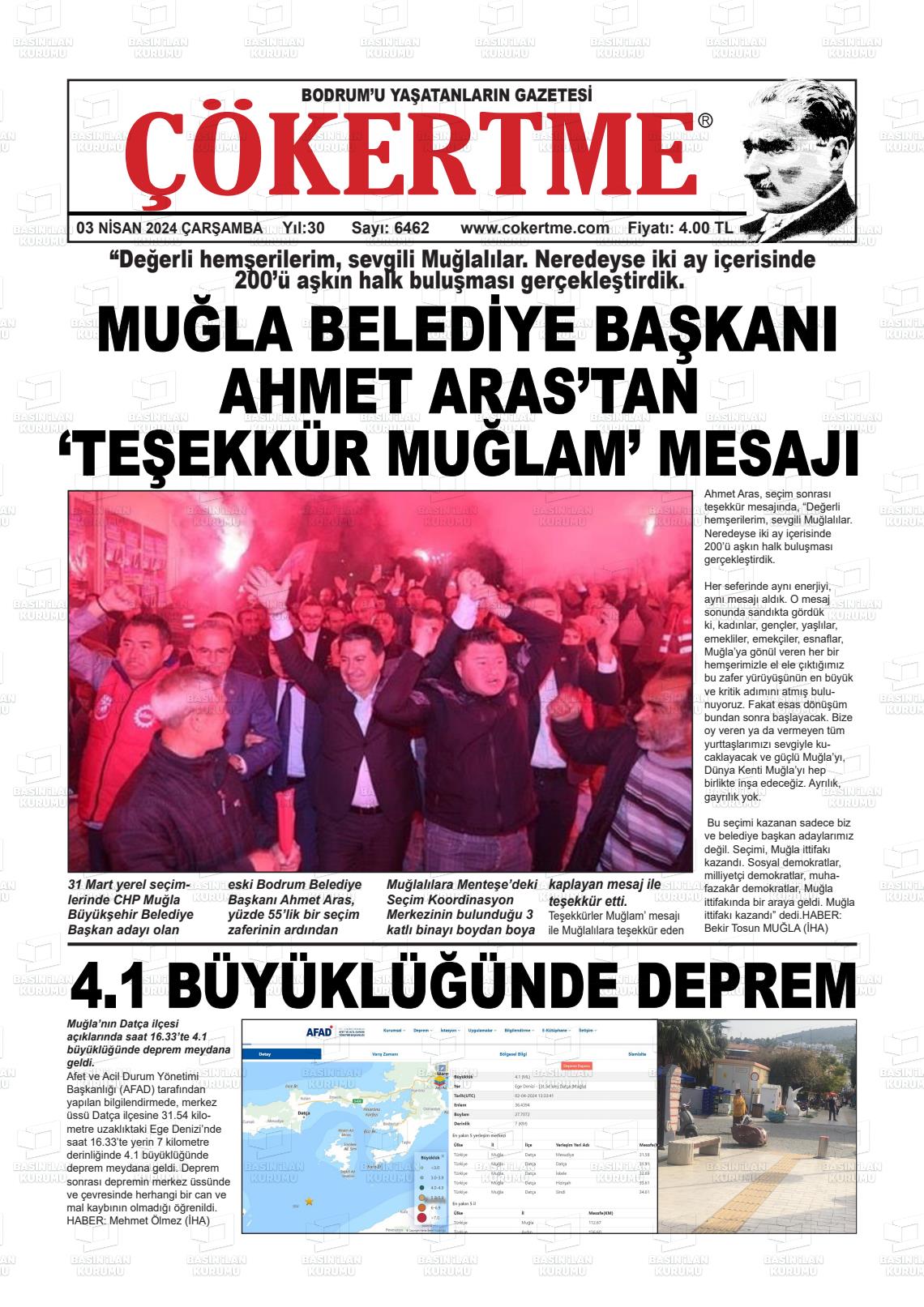 03 Nisan 2024 Çökertme Gazete Manşeti