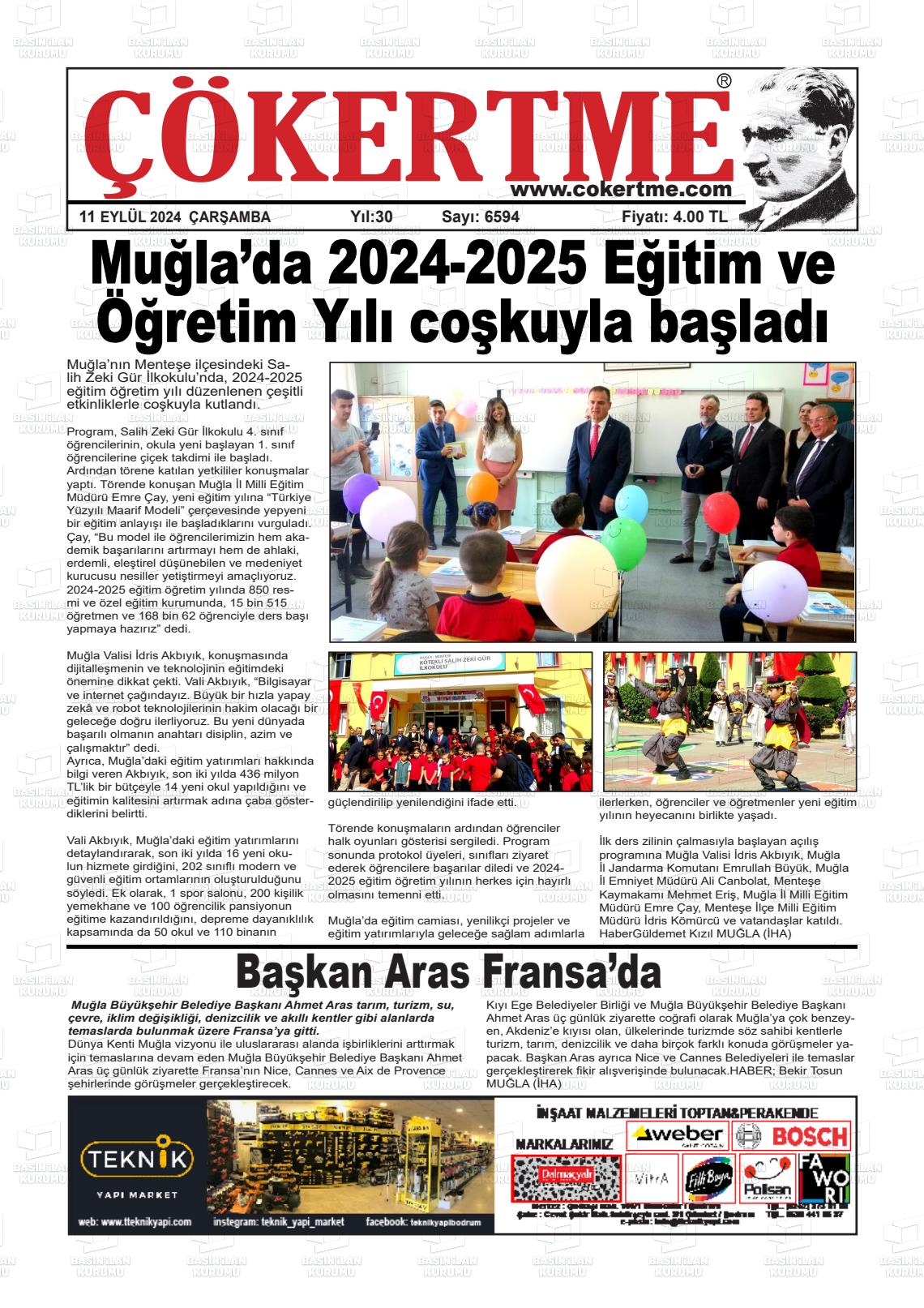 11 Eylül 2024 Çökertme Gazete Manşeti