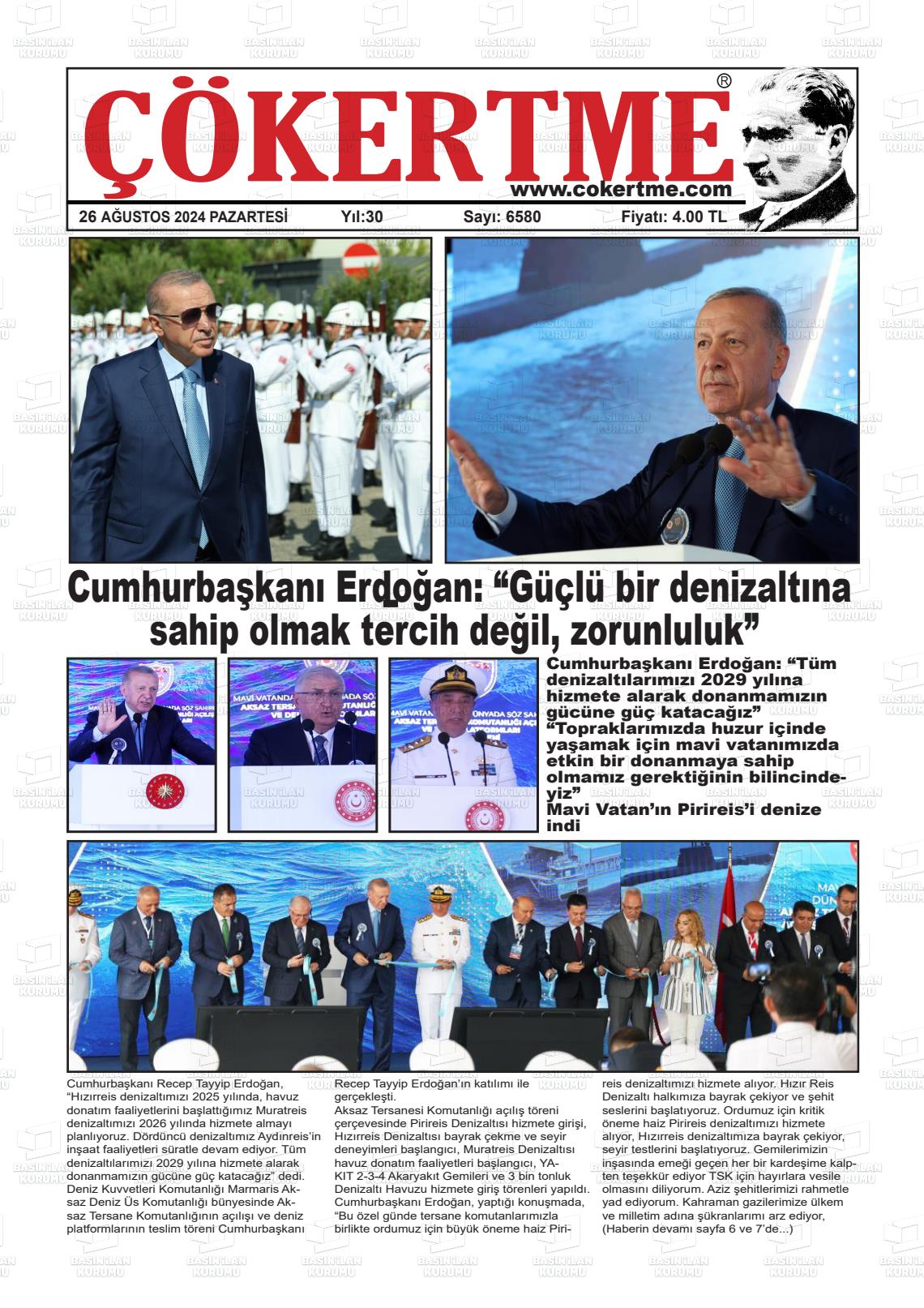 26 Ağustos 2024 Çökertme Gazete Manşeti