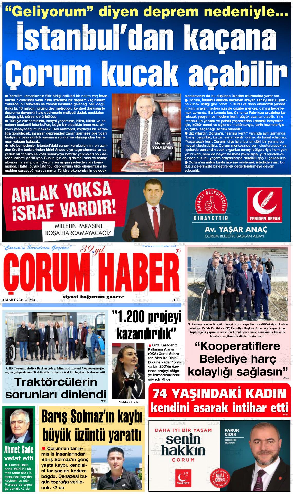 01 Mart 2024 Çorum Haber Gazete Manşeti