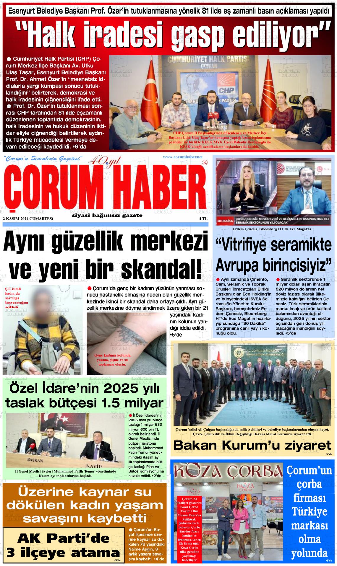 02 Kasım 2024 Çorum Haber Gazete Manşeti