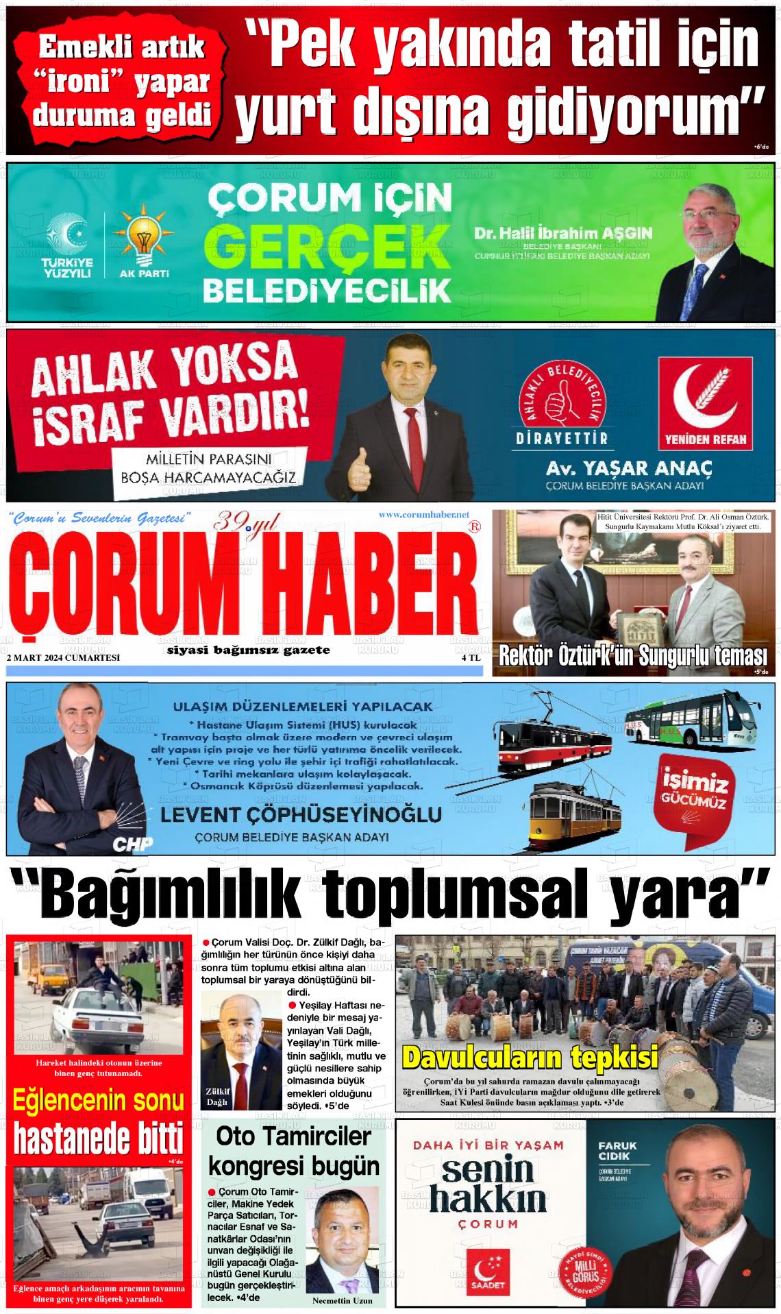 02 Mart 2024 Çorum Haber Gazete Manşeti