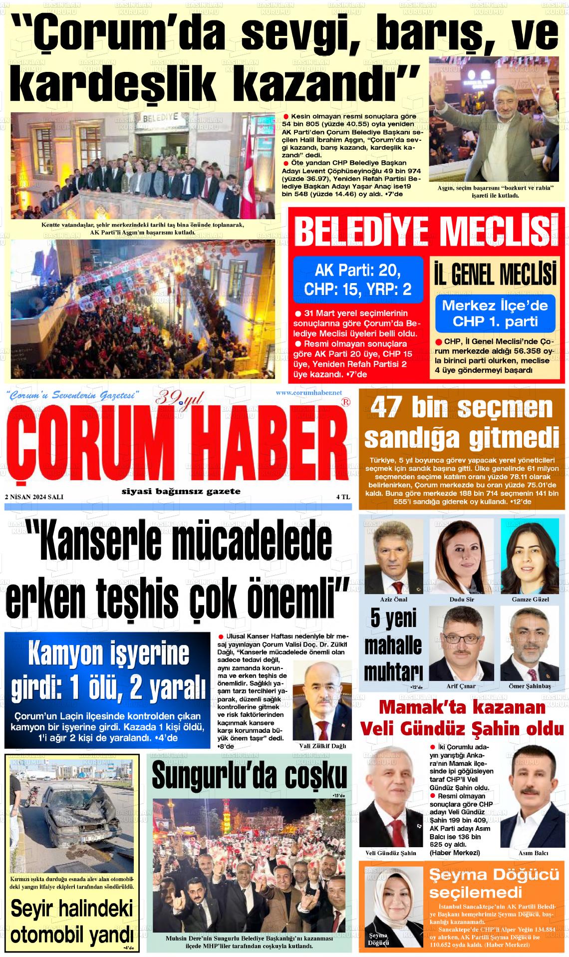 02 Nisan 2024 Çorum Haber Gazete Manşeti