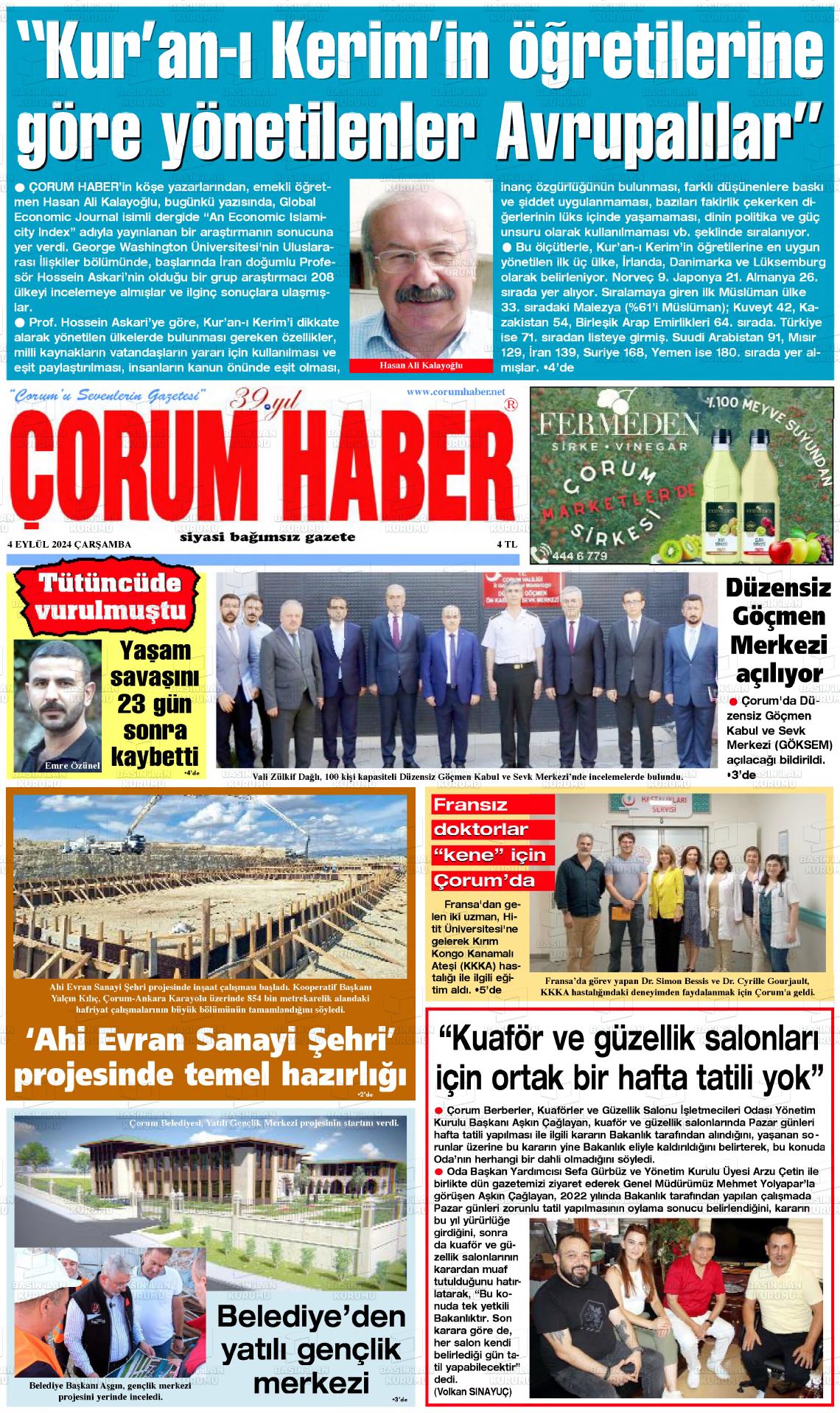 04 Eylül 2024 Çorum Haber Gazete Manşeti