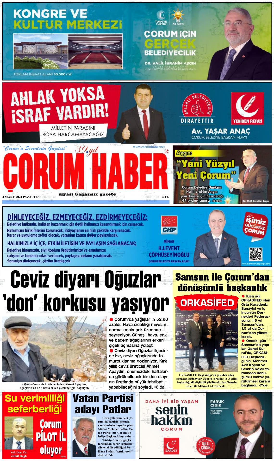 04 Mart 2024 Çorum Haber Gazete Manşeti