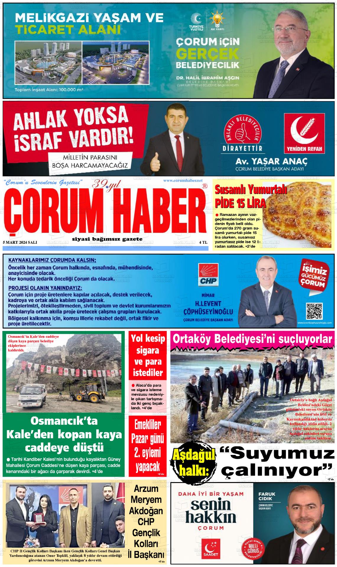 07 Mart 2024 Çorum Haber Gazete Manşeti