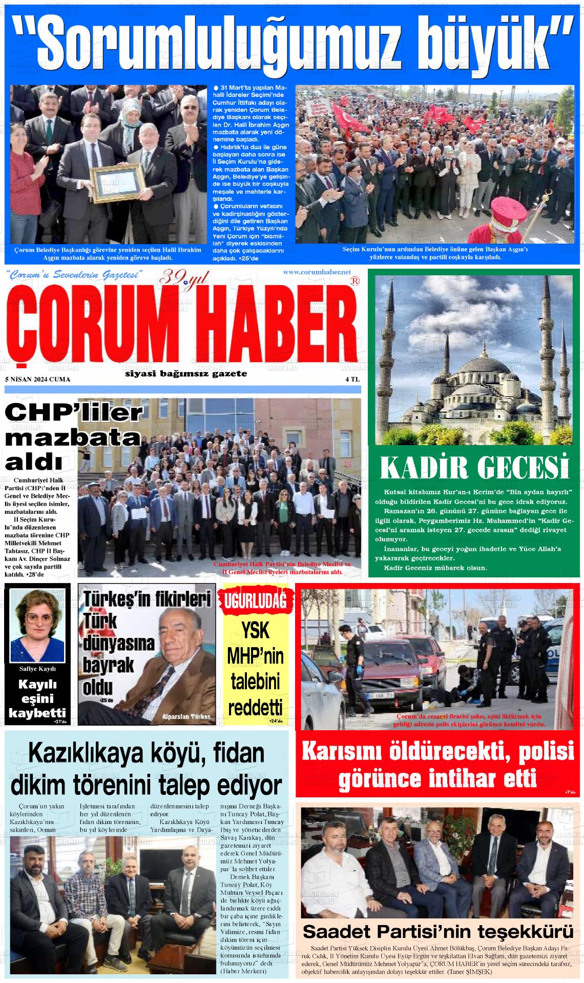 05 Nisan 2024 Çorum Haber Gazete Manşeti