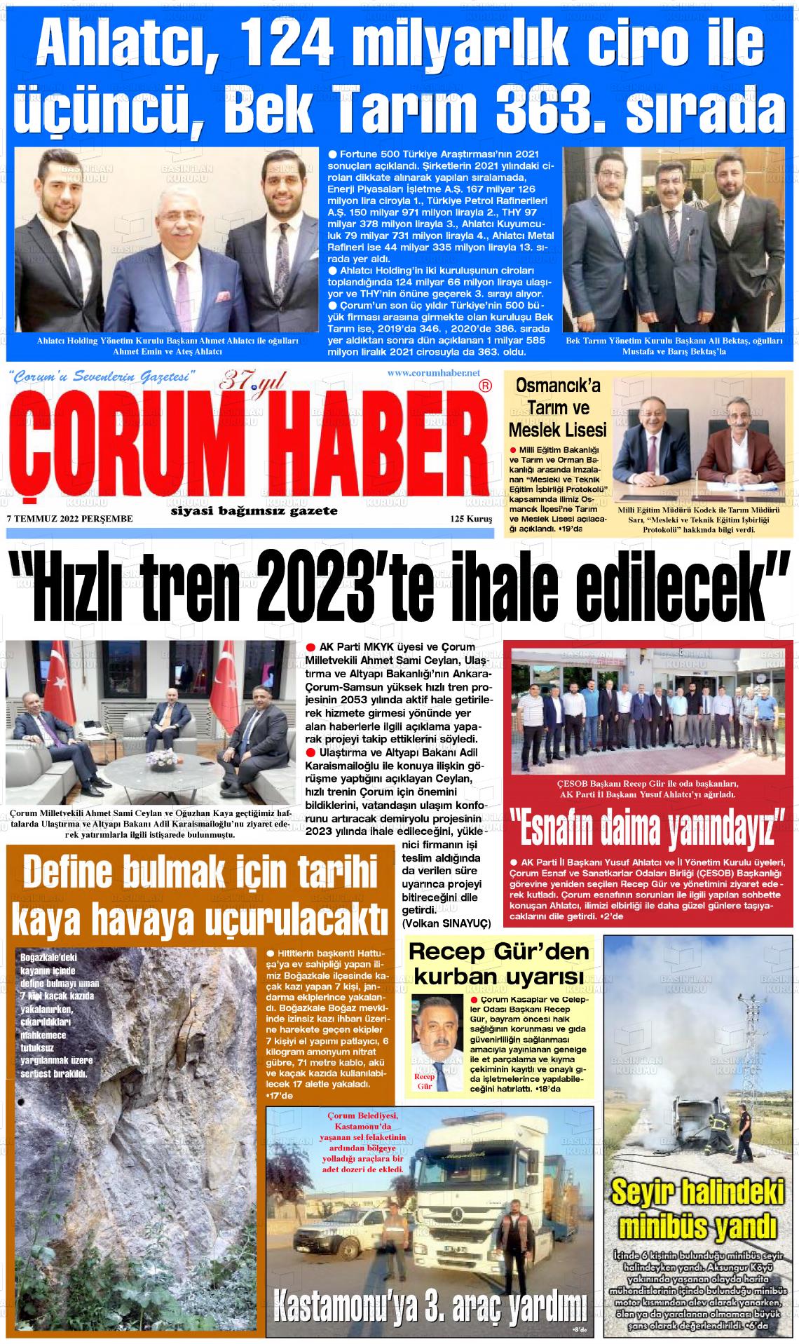 07 Temmuz 2022 Çorum Haber Gazete Manşeti